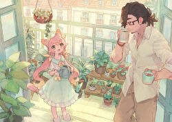 Rule 34 | 1boy, 1girl, animal ear fluff, animal ears, animal slippers, balcony, brown hair, brown pants, building, cat ears, cat girl, collared shirt, cup, day, facial hair, flower, frilled skirt, frills, glasses, goatee, holding, holding cup, holding watering can, long hair, looking at another, low twintails, mug, open mouth, original, pants, pink hair, plant, potted plant, puffy short sleeves, puffy sleeves, shirt, short sleeves, skirt, sleeves rolled up, slippers, standing, twintails, urabe (mstchan), watering can, white shirt