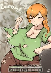 Rule 34 | 1girl, ahoge, alex (minecraft), areola slip, braid, breasts, brown pants, censored nipples, cleavage, collarbone, convenient censoring, damaged, explosion, green eyes, green shirt, hand up, heart, highres, large breasts, minecraft, multicolored hair, orange hair, pants, shirt, side braid, streaked hair, sweat, sweatdrop, tearing clothes, thick thighs, thighs, tied shirt, torn clothes, torn legwear, torn pants, torn shirt, umitsuki (kurage no shokushu), wardrobe malfunction