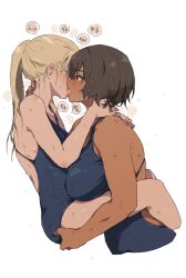 Rule 34 | 2girls, blonde hair, blue one-piece swimsuit, breasts, commentary, dark-skinned female, dark skin, french kiss, highres, hug, kei (m k), kiss, large breasts, lifting person, long hair, looking at another, m k, multiple girls, one-piece swimsuit, original, ponytail, profile, rika (m k), short hair, simple background, small breasts, swimsuit, symbol-only commentary, tongue, tongue out, wet, white background, yuri