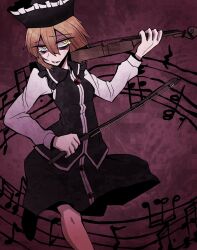 Rule 34 | 1girl, bags under eyes, black hat, black vest, blonde hair, bow (music), breasts, brown background, buttons, commentary request, foot out of frame, frilled shirt collar, frills, hair between eyes, hat, highres, holding, holding bow (music), holding instrument, holding violin, instrument, kuri dora, leg up, long bangs, long sleeves, looking at viewer, lunasa prismriver, musical note, one-hour drawing challenge, open mouth, shirt, short hair, small breasts, solo, staff (music), tearing up, touhou, vest, violin, white shirt, yellow eyes
