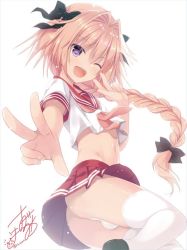 Rule 34 | 1boy, astolfo (fate), astolfo (sailor paladin) (fate), black bow, bow, braid, fang, fate/apocrypha, fate/grand order, fate (series), hair intakes, hair ribbon, hazumi rio, male focus, multicolored hair, official alternate costume, one eye closed, open mouth, panties, penis in panties, pink hair, purple eyes, ribbon, single braid, smile, streaked hair, trap, underwear, v