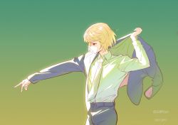Rule 34 | 1boy, arm out of sleeve, blonde hair, bob cut, collared shirt, cowboy shot, dated, dress shirt, dressing, formal, frown, gradient background, green background, grey jacket, grey pants, hand up, highres, hunter x hunter, jacket, kariki hajime, kurapika, long sleeves, looking away, looking down, male focus, outstretched arm, pants, profile, red eyes, shirt, short hair, solo, suit, sunlight, two-tone background, white shirt, yellow background