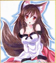 Rule 34 | 1girl, animal ears, breasts, brooch, brown hair, cleavage, fang, graphite (medium), imaizumi kagerou, jewelry, kittona, large breasts, long hair, long sleeves, looking at viewer, millipen (medium), off shoulder, open mouth, red eyes, shikishi, shirt, skirt, solo, tail, touhou, traditional media, very long hair, watercolor pencil (medium), wide sleeves, wolf ears, wolf tail