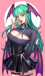 Rule 34 | 1girl, absurdres, alternate costume, arm behind back, bat wings, black garter, black garter straps, black skirt, breasts, capcom, choker, cleavage, commentary, corset, demon girl, english commentary, fellatio gesture, fingernails, garter straps, goth fashion, gothic, green eyes, green hair, grey sweater, hanny (uirusu chan), head wings, heart, heart choker, highres, jewelry, large breasts, lipstick, long hair, looking at viewer, low wings, makeup, meme attire, morrigan aensland, open-chest sweater, open mouth, ring, sharp fingernails, skirt, solo, sweater, teeth, tongue, upper teeth only, vampire (game), wings, yellow lips