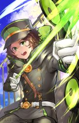 Rule 34 | 10s, 1boy, artist name, bad id, bad pixiv id, belt, bow (weapon), brown hair, cloud, gloves, green eyes, hat, highres, male focus, military, military hat, military uniform, open mouth, owari no seraph, saotome yoichi, sky, solo, teeth, uniform, upper body, weapon