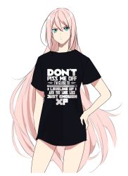 Rule 34 | 1girl, alternate costume, arm behind back, black shirt, blue eyes, closed mouth, cropped legs, english text, facing viewer, female focus, flat chest, floating hair, frown, hair between eyes, hair down, hand on own hip, long hair, looking at viewer, naked shirt, pink hair, print shirt, shionne (tales), shirt, short sleeves, simple background, solo, standing, tales of (series), tales of arise, tusia, twintails, very long hair, white background