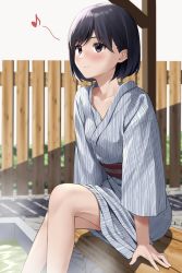 Rule 34 | 1girl, black hair, brown eyes, closed mouth, commentary request, crossed legs, fence, highres, japanese clothes, kimono, kiona (giraffe kiona), onsen, original, shadow, short hair, sitting, smile, soaking feet, solo, steam, wooden fence