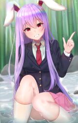 Rule 34 | 1girl, absurdres, animal ears, arm behind back, bamboo, bamboo forest, black jacket, blazer, blush, breasts, collared shirt, commentary request, convenient leg, finger gun, forest, grin, hair between eyes, hand up, head tilt, highres, jacket, kneehighs, knees up, legs, long hair, long sleeves, looking at viewer, medium breasts, merutoro10, nature, necktie, outdoors, partially submerged, pink skirt, pleated skirt, purple hair, rabbit ears, rabbit girl, red eyes, red necktie, reisen udongein inaba, river, shirt, sitting, skindentation, skirt, smile, socks, solo, spread legs, thighs, touhou, very long hair, wet, wet clothes, wet hair, wet jacket, wet shirt, wet skirt, white shirt, white socks