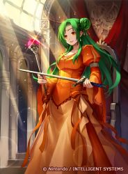 Rule 34 | breasts, brown eyes, collarbone, commentary request, company connection, copyright name, day, dress, elincia ridell crimea, fire emblem, fire emblem: path of radiance, fire emblem cipher, green eyes, hair bun, holding, indoors, jewelry, konfuzikokon, light particles, light rays, long dress, long hair, long sleeves, medium breasts, nintendo, official art, open mouth, orange dress, puffy sleeves, single hair bun, smile, solo, staff, sword, weapon, wide sleeves