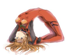Rule 34 | 1girl, all fours, arched back, arm behind head, ass, backlighting, bad id, bad pixiv id, blue eyes, bodysuit, breasts, brown hair, expressionless, flexible, from side, full body, hair spread out, kneeling, long hair, looking at viewer, maruki (punchiki), medium breasts, neon genesis evangelion, orange hair, pilot suit, plugsuit, simple background, sketch, solo, souryuu asuka langley, stretching, turtleneck, white background, yoga