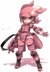 Rule 34 | 1girl, animal ears, animal hat, bandana, black footwear, blush, boots, brown hair, bullpup, closed mouth, colored shadow, commentary request, fake animal ears, full body, fur-trimmed gloves, fur trim, gloves, gun, hair between eyes, hat, highres, holding, holding gun, holding weapon, jacket, karukan (monjya), llenn (sao), long sleeves, looking at viewer, p-chan (p90), p90, pants, personal defense weapon, pink bandana, pink gloves, pink hat, pink jacket, pink pants, rabbit ears, rabbit hat, red eyes, revision, shadow, solo, standing, submachine gun, sword art online, sword art online alternative: gun gale online, weapon, white background