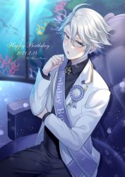 Rule 34 | 1boy, ahoge, artist name, azul ashengrotto, black pants, black shirt, blue eyes, collared shirt, commentary request, cowboy shot, dated, formal, grey hair, happy birthday, highres, indoors, jacket, long sleeves, looking at viewer, male focus, nabekokoa, open clothes, open jacket, open mouth, pants, shirt, sitting, solo, striped, twisted wonderland, white jacket
