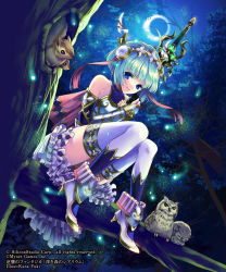 Rule 34 | 1girl, aqua hair, artist name, bad id, bad pixiv id, bare shoulders, bird, blue eyes, bracer, bug, capelet, fantasy, firefly, forest, gyakushuu no fantasica, hair ribbon, high heels, highres, holding, holding sword, holding weapon, in tree, insect, looking at viewer, moon, nature, night, night sky, official art, owl, ribbon, sheath, sheathed, short hair, sitting, skirt, sky, sleeping, smile, solo, squirrel, striped, sword, thighhighs, tree, watermark, weapon, white footwear, white skirt, white thighhighs, yukikana