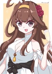 Rule 34 | 1girl, alcohol, breasts, brown hair, champagne flute, cleavage, cup, dress, drinking glass, flower, gold hairband, hair flower, hair ornament, hairband, highres, kantai collection, kongou (kancolle), large breasts, long hair, official alternate costume, pirikara spicy tapioca, purple eyes, rose, solo, twitter username, upper body, white dress