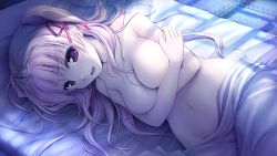 Rule 34 | 1girl, :d, purple gemstone, bad id, bad yandere id, bed, bed sheet, bekkankou, blanket, blush, breasts squeezed together, breasts, collarbone, covering privates, covering breasts, crossed arms, futon, game cg, gem, groin, hair ribbon, highres, indoors, large breasts, long hair, looking at viewer, lying, midriff, miyaguni akari, navel, night, on bed, on side, open mouth, pink ribbon, purple eyes, resized, ribbon, sen no hatou tsukisome no kouki, silver hair, smile, solo, stomach, sweatdrop, tareme, tatami, tiara, twintails, under covers, upscaled