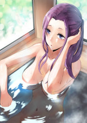 Rule 34 | 1girl, absurdres, bathing, blue eyes, breasts, collarbone, completely nude, floating breasts, hair intakes, hand in own hair, highres, kagamihara sakura, large breasts, long hair, navel, nude, open mouth, partially submerged, purple hair, rororo, solo, water, yurucamp