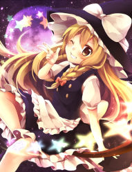 Rule 34 | 1girl, apron, bad id, bad pixiv id, blonde hair, bow, braid, broom, broom riding, dress, frilled hat, frills, full moon, grin, hair bow, hat, k----s, kirisame marisa, long hair, looking at viewer, moon, one eye closed, ribbon, short sleeves, smile, solo, star (symbol), touhou, v, wink, witch hat, yellow eyes, yunohito