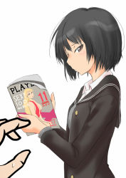 Rule 34 | 1girl, amagami, black eyes, black hair, blush, magazine (object), murasaki iro, nanasaki ai, playboy, reading, school uniform, short hair, solo focus