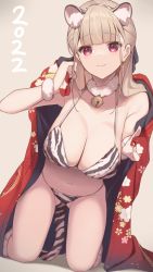 Rule 34 | 1girl, 2022, animal ears, bell, bikini, blonde hair, breasts, brown background, chinese zodiac, cleavage, closed mouth, collarbone, commentary request, fake animal ears, floral print, fur collar, gluteal fold, hairband, halterneck, hands up, hayato rikin, highres, japanese clothes, jingle bell, kimono, kimono on shoulders, kneeling, large breasts, navel, neck bell, original, print bikini, print hairband, print kimono, red eyes, red kimono, shadow, simple background, solo, swimsuit, tail, tiger ears, tiger tail, white tiger print, year of the tiger