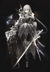 Rule 34 | 1girl, absurdres, armor, armored boots, black background, boots, breastplate, fantasy, female knight, full body, gauntlets, grey theme, highres, holding, holding sword, holding weapon, knight, long hair, looking at viewer, orange eyes, original, platinum blonde hair, serious, shield, shoulder armor, solo, sword, tuda6, weapon