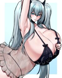 Rule 34 | 1girl, absurdres, arm up, armpits, babydoll, blue eyes, blue hair, blush, bow, bow bra, bra, breast lift, breasts, cleavage, collarbone, curvy, floral print, gigantic breasts, grey hair, highres, horns, long hair, looking at viewer, original, panties, parted lips, see-through, shiny skin, sidelocks, skindentation, smile, solo, tiger drop, twintails, underwear, upper body, very long hair, wide hips