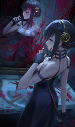 Rule 34 | 1girl, absurdres, arm behind back, ass, bare shoulders, bathroom, black dress, black gloves, black hair, blood, blood in water, blood on face, blood on hands, blood on wall, bloody weapon, braid, braided bun, breasts, broken mirror, cleavage, closed mouth, corpse, crack, cracked glass, dagger, dress, fingerless gloves, flower, from behind, gloves, gold hairband, hair bun, hair flower, hair ornament, hairband, hand up, highres, holding, holding dagger, holding knife, holding weapon, knife, large breasts, lipstick, long hair, looking at viewer, looking back, makeup, mirror, nail polish, off-shoulder dress, off shoulder, red eyes, red lips, red nails, reflection, rose, sidelocks, sink, spikes, spy x family, tile wall, tiles, ttk (kirinottk), water, weapon, yor briar