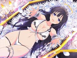 Rule 34 | 1girl, black hair, blue eyes, breasts, bridal lingerie, candle, cleavage, coffin, dress, flower, halo, highres, huge breasts, lingerie, long hair, looking at viewer, navel, official art, open mouth, panties, ryouki (senran kagura), senran kagura, senran kagura new link, smile, thigh strap, tiara, underboob, underwear, wedding dress, wedding lingerie, yaegashi nan