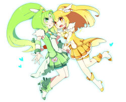 Rule 34 | 10s, 2girls, bad id, bad pixiv id, blonde hair, bow, cure march, cure peace, green eyes, green hair, green shorts, green skirt, hair flaps, heart, kise yayoi, long hair, looking at viewer, magical girl, midorikawa nao, mie nabe, multiple girls, precure, shorts, shorts under skirt, skirt, smile precure!, wide ponytail, yellow bow, yellow eyes, yellow shorts, yellow skirt