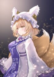Rule 34 | 1girl, animal ears, animal hat, blonde hair, blush, closed mouth, dress, fox ears, fox tail, frilled sleeves, frills, hat, highres, mob cap, multiple tails, sarasadou dan, short hair, sleeves past fingers, sleeves past wrists, solo, tabard, tail, touhou, upper body, white dress, white hat, wide sleeves, yakumo ran, yellow eyes