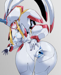 Rule 34 | 1girl, anus, armor, ass, bar censor, bent over, blush, breasts, censored, colored skin, darling in the franxx, from behind, hetero, horns, medium breasts, nipples, nude, open mouth, pauldrons, penis, pochincoff, pussy, red eyes, robot, sex, shoulder armor, single horn, solo, spread pussy, strelizia, vaginal, white skin