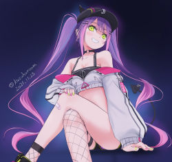 Rule 34 | 1girl, arm support, asymmetrical legwear, bandaid, bandaid on knee, bandaid on leg, baseball cap, black choker, breasts, check commentary, choker, cleavage, collarbone, commentary, commentary request, crop top, cropped jacket, crossed legs, dated, demon tail, earclip, earrings, fishnet thighhighs, fishnets, from below, gradient background, green eyes, green nails, grin, hair ornament, hairclip, hand on own knee, haruyama kazunori, hat, hololive, jacket, jewelry, long hair, looking at viewer, multicolored hair, multicolored nails, nail polish, o-ring, o-ring choker, off shoulder, partially unzipped, pink hair, pink nails, purple hair, shorts, sidelocks, single thighhigh, sitting, small breasts, smile, solo, tail, thigh strap, thighhighs, tokoyami towa, twintails, twitter username, two-tone hair, very long hair, virtual youtuber, white jacket, zipper