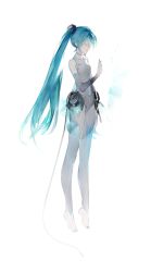 Rule 34 | 1girl, absurdres, aqua hair, aqua nails, barefoot, belt, black gloves, breasts, bridal legwear, elbow gloves, closed eyes, floating, from side, full body, gloves, hair ornament, hand up, hatsune miku, hatsune miku (append), highres, leotard, long hair, nail polish, open mouth, shirt, sleeveless, sleeveless shirt, small breasts, solo, twintails, very long hair, vocaloid, vocaloid append, white background, white legwear, white leotard, white shirt, yyb