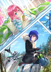 Rule 34 | 2girls, arm support, bare tree, barefoot, bed, black coat, blue eyes, blue hair, blue sky, blush, brown gloves, cellphone, closed mouth, cloud, coat, commentary request, curtains, day, fringe trim, gloves, hair between eyes, helmet, highres, holding, holding phone, indoors, kagamihara nadeshiko, legs up, long hair, long sleeves, lying, motor vehicle, motorcycle helmet, multiple girls, on stomach, outdoors, pajamas, pants, pantyhose, phone, pillow, pink hair, purple eyes, purple legwear, road sign, scarf, scooter, shima rin, shirt, sidelocks, sign, sitting, sky, smartphone, smile, soles, striped clothes, striped pajamas, striped pants, striped shirt, sunlight, swordsouls, tree, under covers, unworn headwear, unworn helmet, white scarf, window, yurucamp