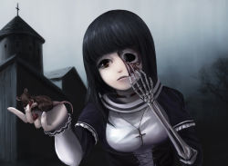 Rule 34 | 1girl, black hair, brown eyes, building, choker, closed mouth, commentary request, cross, cross necklace, eating, guro, highres, jewelry, leng xiin, long hair, long sleeves, maggot, missing eye, mouse (animal), necklace, original, outdoors, skeleton