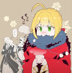 Rule 34 | 10s, 1girl, 2boys, bad id, bad pixiv id, cape, cup, fate/apocrypha, fate/extra, fate/grand order, fate (series), koshiro itsuki, looking away, multiple boys, nero claudius (fate), nero claudius (fate), nero claudius (fate/extra), romulus (fate), sweater, vlad iii (fate/apocrypha)