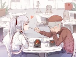 Rule 34 | 1boy, 4girls, ak-12 (girls&#039; frontline), beret, braid, chair, closed eyes, commander (girls&#039; frontline), commentary request, cup, drink, feeding, food, fork, french braid, girls&#039; frontline, grey hair, hair ribbon, hat, heart, hetero, highres, holding, holding fork, hourai kochou, long hair, looking at another, multiple girls, ponytail, red headwear, ribbon, sharing food, sitting, sweatdrop, table