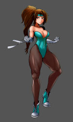 Rule 34 | 1girl, alternate color, bandages, bare shoulders, blue leotard, breakers, breasts, brown eyes, brown hair, cleavage, clenched hands, covered navel, female focus, full body, hand wraps, headband, highres, ishu (ljcwer), large breasts, leotard, long hair, long legs, pantyhose, playboy bunny, player 2, ponytail, see-through, see-through legwear, shoes, sneakers, solo, thick thighs, thighs, tia langray