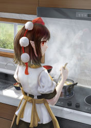 Rule 34 | 1girl, absurdres, apron, black skirt, brown hair, closed mouth, collared shirt, cooking, cooking pot, counter, egg (food), fasnakegod, food, from behind, hat, highres, holding, holding ladle, ladle, looking to the side, pointy ears, pom pom (clothes), puffy sleeves, red eyes, red hat, reflection, shameimaru aya, shirt, short hair, short sleeves, sink, skirt, smile, solo, steam, stove, tengu, tokin hat, touhou, white shirt, white sleeves, window, yellow apron