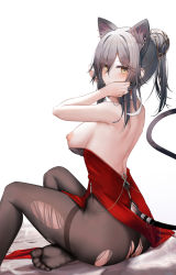 Rule 34 | 1girl, animal ears, arknights, back, backless dress, backless outfit, bare arms, bare back, bare shoulders, black nails, black pantyhose, blush, breasts, breasts out, closed mouth, dress, from behind, grey hair, hair bun, highres, large breasts, looking at viewer, looking back, median furrow, nail polish, nipples, pantyhose, red dress, ru zhai, schwarz (arknights), shoulder blades, single hair bun, soles, solo, tail, torn clothes, white background, yellow eyes