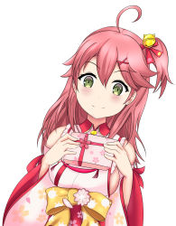 Rule 34 | 1girl, ahoge, bare shoulders, bell, breasts, cherry blossom print, closed mouth, detached sleeves, floral print, gift, green eyes, hair bell, hair between eyes, hair ornament, hairclip, highres, holding, holding gift, hololive, long hair, one side up, parted lips, pink hair, sakura miko, sakura miko (1st costume), sideboob, upper body, user uwcv2472, virtual youtuber, white background, wide sleeves