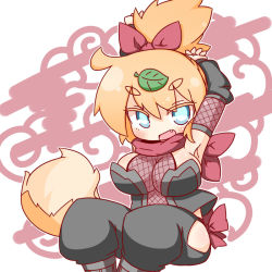 Rule 34 | 1girl, ashi karekusa, blonde hair, blue eyes, blush, breasts, cleavage, detached sleeves, fang, female focus, fox tail, large breasts, leaf, long hair, ninja, open mouth, original, ponytail, scarf, sitting, smile, solo, tail, thighhighs