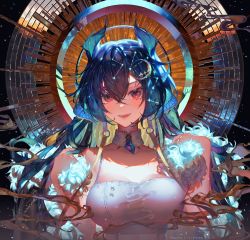 Rule 34 | 1girl, bad id, bad pixiv id, blue hair, breasts, cleavage, cloud9, collarbone, commentary, crescent, crescent hair ornament, detached collar, diyokama, dragon girl, dragon horns, fangs, hair ornament, hand on own shoulder, horns, large breasts, long hair, looking at viewer, medium breasts, open mouth, red eyes, sky, smile, solo, star (sky), starry sky, symbol-only commentary, upper body, vienna (vtuber), vienna (vtuber) (1st costume), virtual youtuber