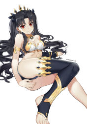 Rule 34 | 1girl, absurdres, armlet, ass, bare shoulders, black hair, breasts, cleavage, crown, earrings, fate/grand order, fate (series), highres, ishtar (fate), jewelry, legs, long hair, looking at viewer, makise minami, navel, parted bangs, red eyes, simple background, single thighhigh, smile, solo, strapless, thighhighs, tube top, two side up, very long hair, white background