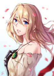 Rule 34 | 1girl, bare shoulders, blonde hair, blue eyes, blush, brooch, commentary, crying, crying with eyes open, english commentary, falling petals, from side, highres, jewelry, kyoto animation, long hair, looking at viewer, mechanical hands, off shoulder, parted lips, petals, prosthesis, prosthetic arm, prosthetic hand, shumiao, single mechanical hand, tears, violet evergarden, violet evergarden (series)
