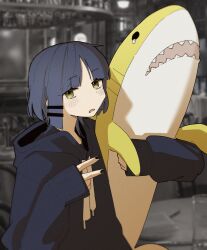 Rule 34 | 1girl, absurdres, black hoodie, black sweater, blue hair, bocchi the rock!, commentary, english commentary, frown, hair ornament, hairclip, highres, holding, holding stuffed toy, hood, hooded sweater, hoodie, ikea shark, machuuu68, photo background, sleeves past wrists, solo, stuffed animal, stuffed shark, stuffed toy, sweater, tearing up, upper body, v, yamada ryo, yellow eyes