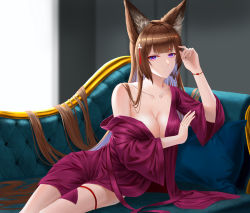 Rule 34 | 1girl, absurdres, amagi (azur lane), animal ears, azur lane, bare shoulders, blunt bangs, blurry, blurry background, breasts, brown hair, cleavage, couch, fox ears, fox girl, frozen-sad, hair flowing over, hair ornament, hand up, highres, large breasts, leaning to the side, long hair, looking at viewer, off shoulder, open clothes, pajamas, pillow, purple eyes, sitting, solo, very long hair, wide sleeves