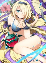 Rule 34 | 1girl, akiran&#039;nu, argyle, argyle bikini, argyle clothes, bikini, blonde hair, blue eyes, blush, bow, breasts, cleavage, flower, food, frilled bikini, frills, fruit, groin, hair bow, hair over one eye, hair ribbon, hairband, heart, hibiscus, highres, large breasts, leaf, long hair, looking at viewer, lying, navel, on back, pandora (p&amp;d), puzzle &amp; dragons, ribbon, smile, solo, swimsuit, very long hair, water, watermelon