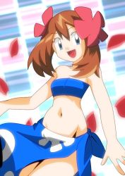 Rule 34 | &gt;:d, 1girl, :d, bare arms, bare legs, bare shoulders, blue eyes, blue sarong, blue tube top, breasts, brown hair, checkered background, cleavage, cosplay, creatures (company), elite four, female focus, flower, game freak, hainchu, hair between eyes, hair flower, hair ornament, happy, legs, looking at viewer, may (pokemon), medium breasts, midriff, navel, nintendo, open mouth, petals, phoebe (pokemon), phoebe (pokemon) (cosplay), pokemon, pokemon rse, red flower, sarong, short hair, smile, solo, standing, strapless, tube top