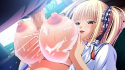 Rule 34 | blonde hair, blouse, blush, breasts, censored, cum, cum on body, cum on breasts, cum on upper body, cumdrip, huge breasts, kyonyuu majo, mosaic censoring, naughty face, nipples, open clothes, open shirt, paizuri, penis, puffy nipples, school uniform, shirt, sweat, tenma cecile, twintails