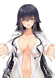 Rule 34 | 1girl, :d, azuma (azur lane), azur lane, black hair, blush, breasts, dress shirt, hair between eyes, large breasts, long hair, long sleeves, naked shirt, navel, open clothes, open mouth, open shirt, outstretched hand, schreibe shura, see-through, shirt, sidelocks, simple background, sleeves past wrists, smile, solo, upper body, very long hair, white background, yellow eyes